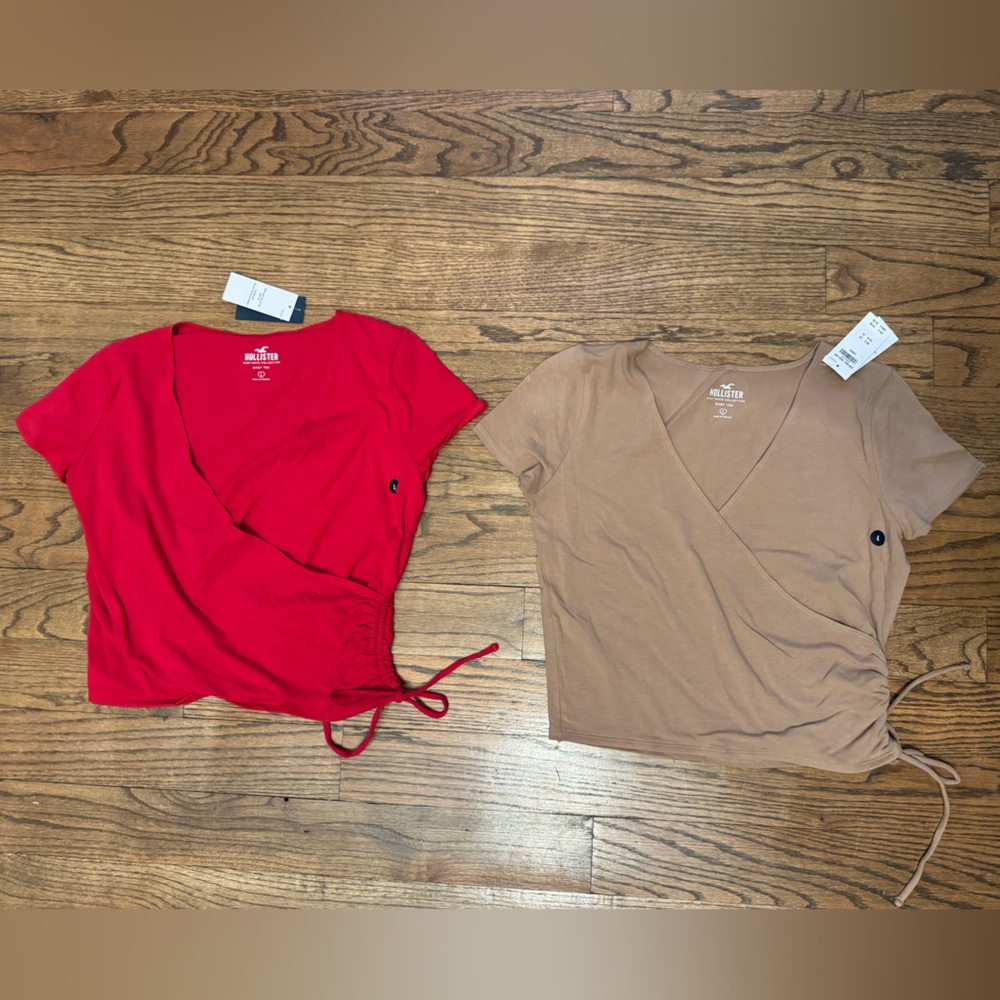 Hollister Wrap Crop Tops Bundle Large Red & Tan Short Sleeve Tie Waist NWT